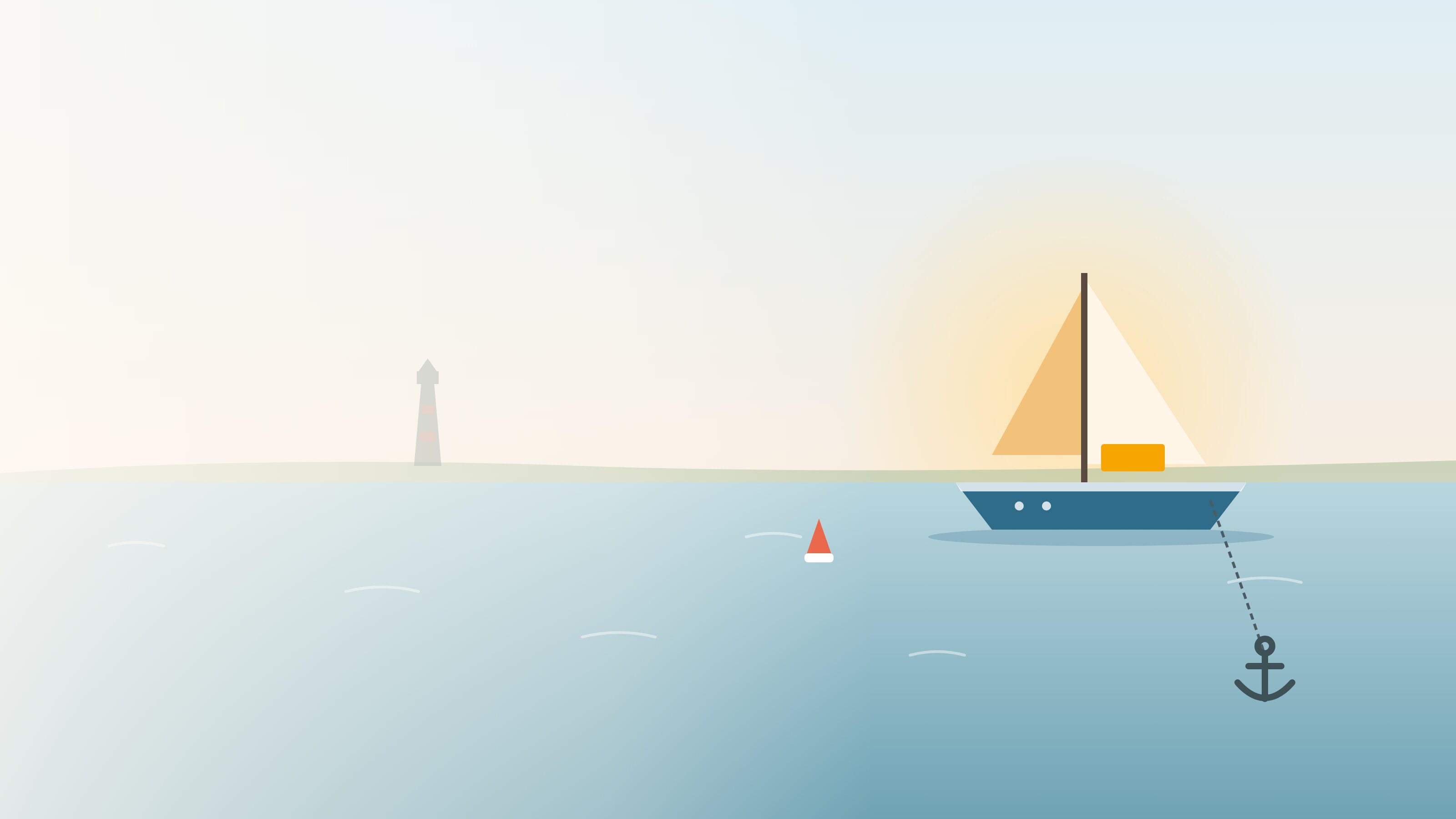 Gezeichnete Hafenszene: Segelboot mit Anker vor einem Leuchtturm bei Sonnenaufgang