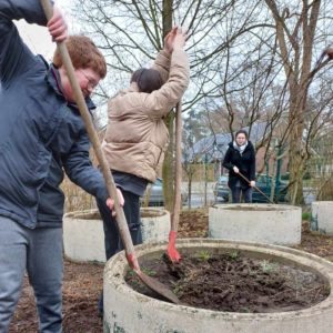 Kinder arbeiten mit Schaufeln am Gemüsebeet